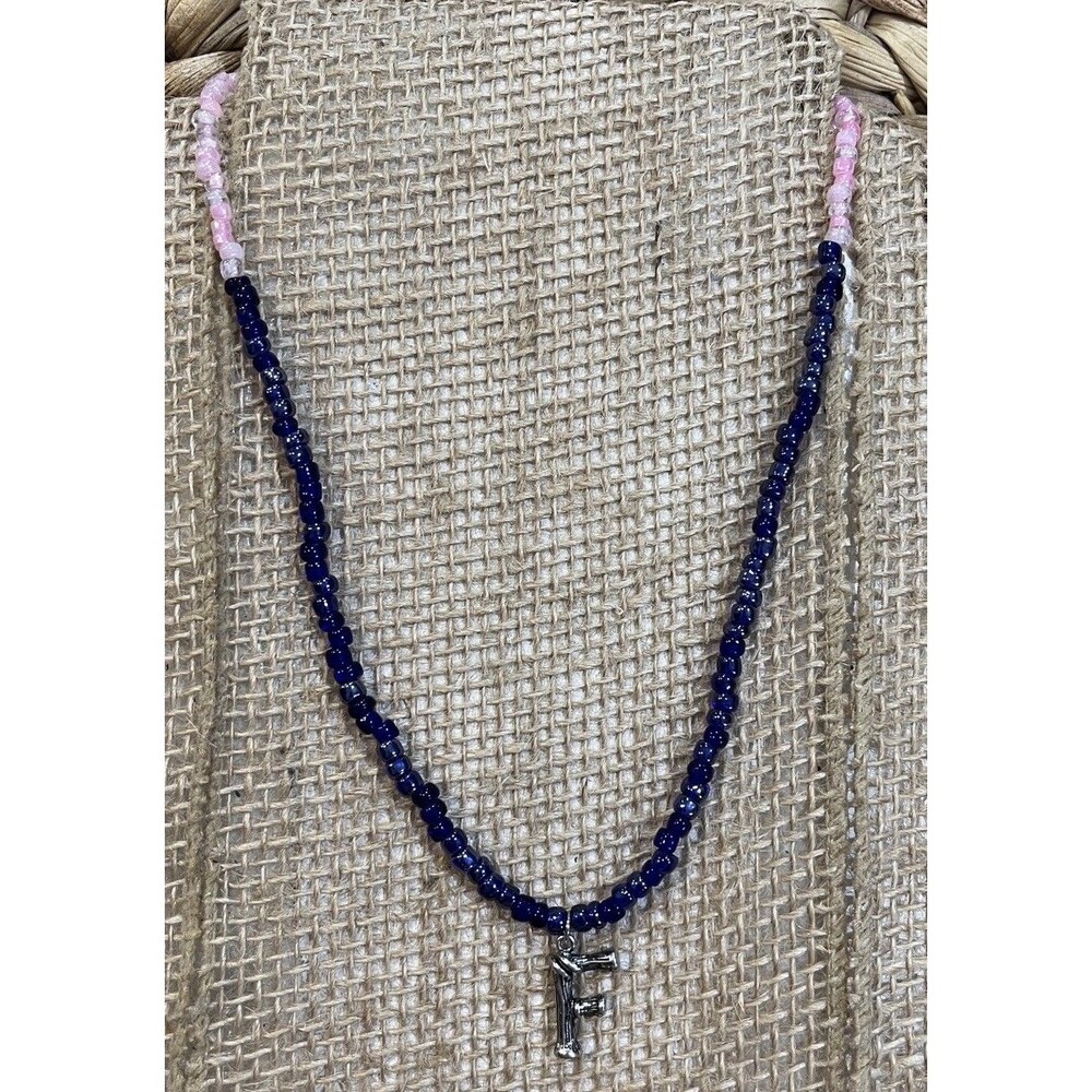 “F” Initial Necklaces for Girls Womens Teens Gifts Beaded Pink Blue Silver Tone
